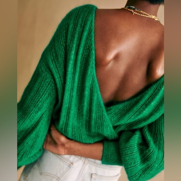 NEW Sezane Cristina Jumper Sweater Top Bright Green V-Neck Mohair Wool Knit S - Picture 2 of 6